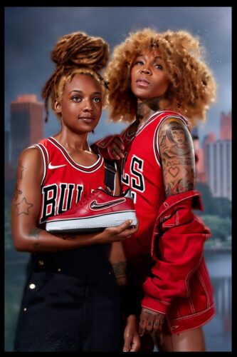 Two women in Chicago Bulls tank tops